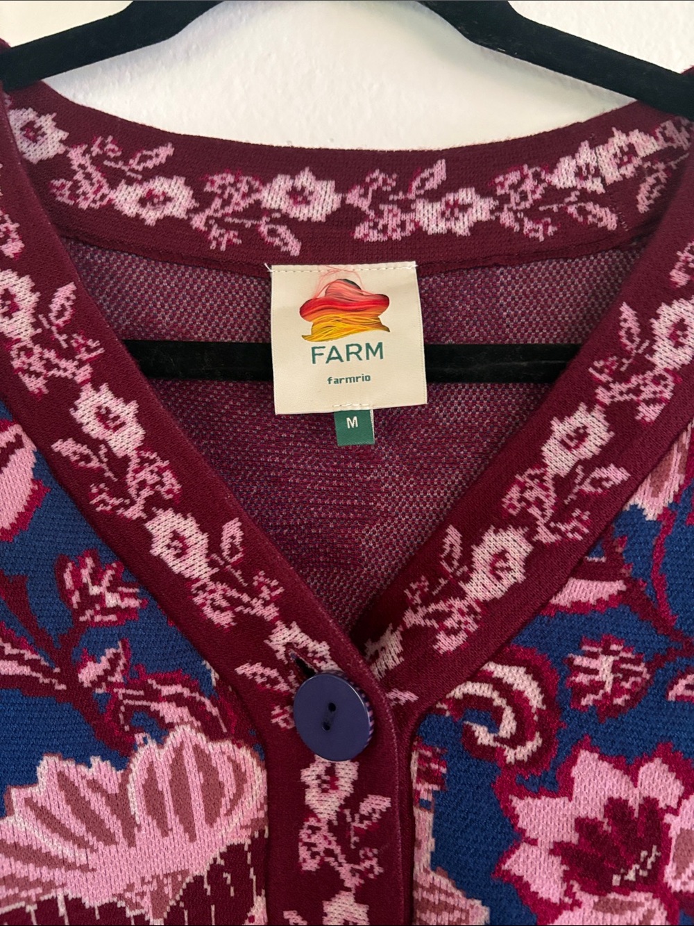 Farm Rio Blue Burgundy Pink Floral Cardigan NWOT - Picture 2 of 4